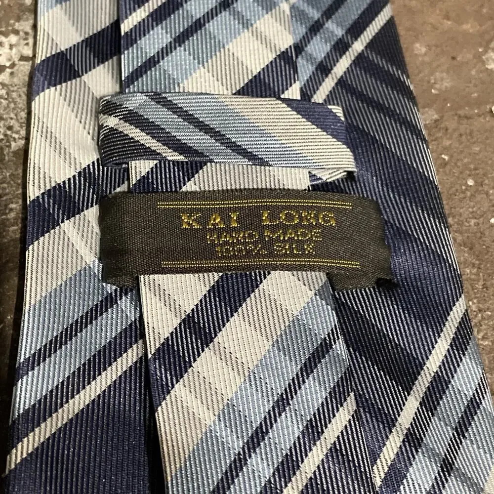 Kai Long Tie 100% Silk Blue Plaid Diagonal Pattern Handmade